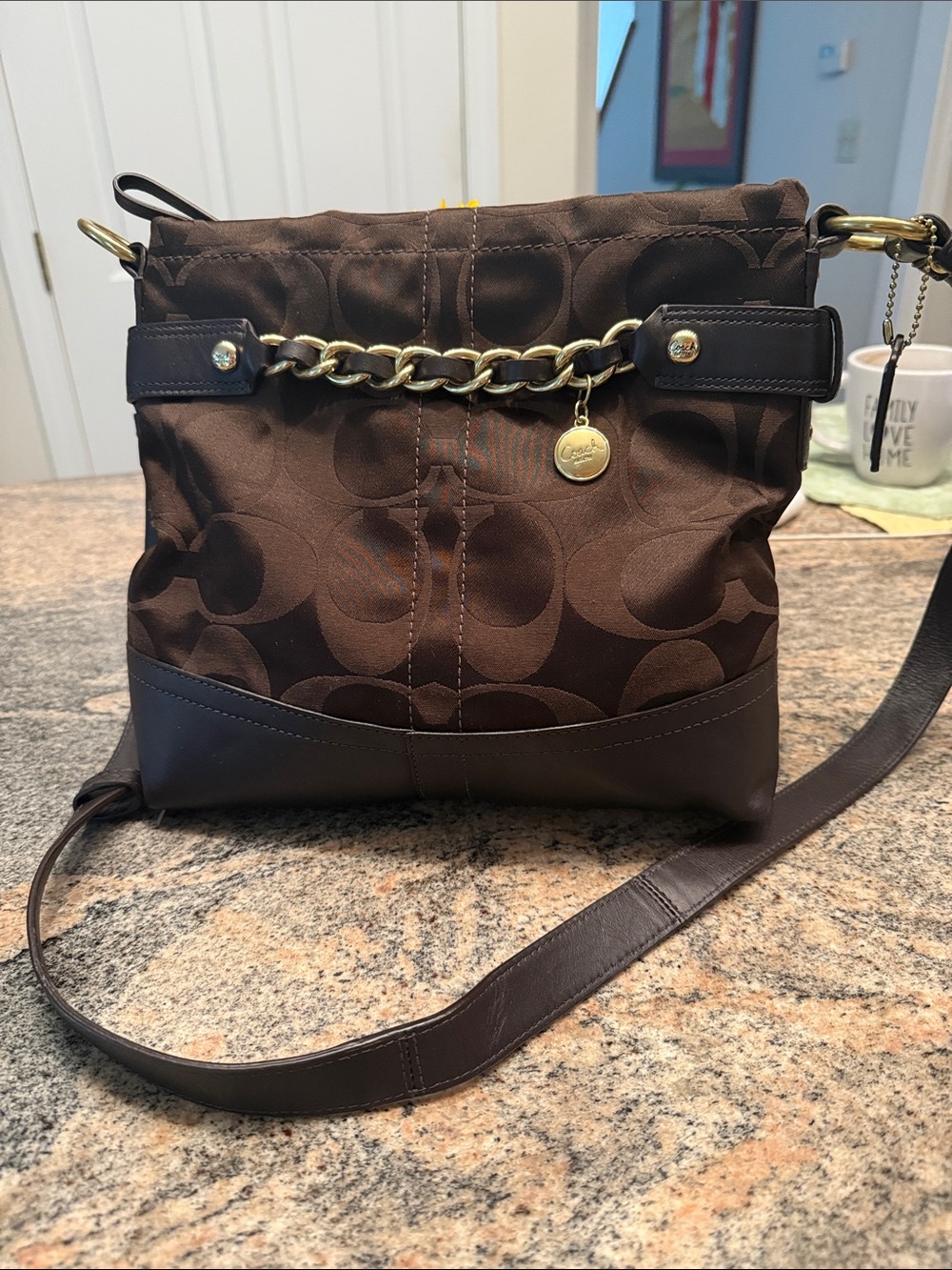Coach Dark Brown Signature Chain-Accent Crossbody Bag